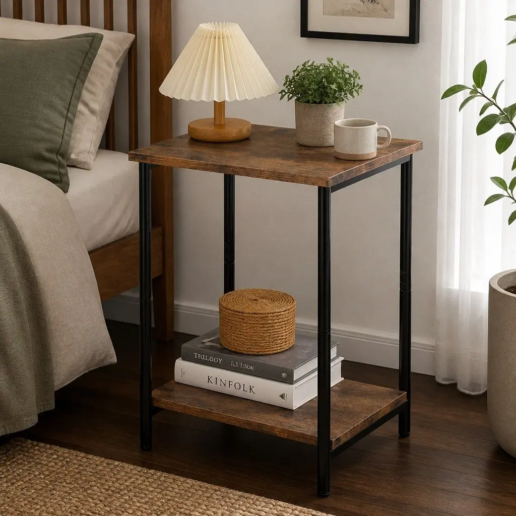 2-Tier Industrial Side Table Storage Shelf Nightstand End Table Compact