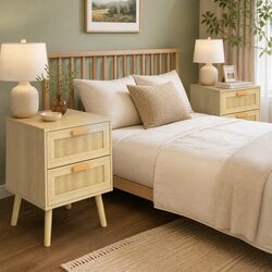 Bedside Tables Set of 2 Wooden Side Table Nightstand Bedroom Rattan Drawers