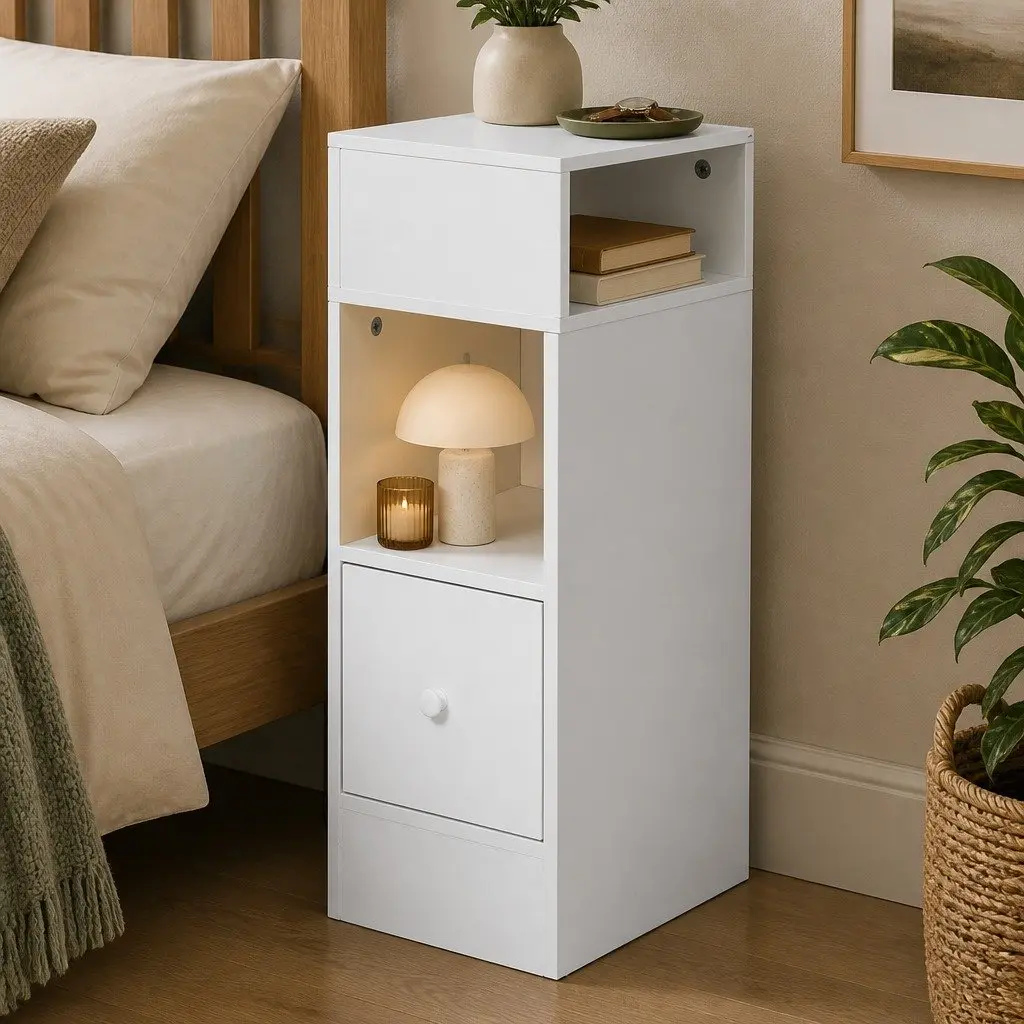 Slim Bedside Table Nightstand Storage Cabinet Two Shelves Drawer Bedroom