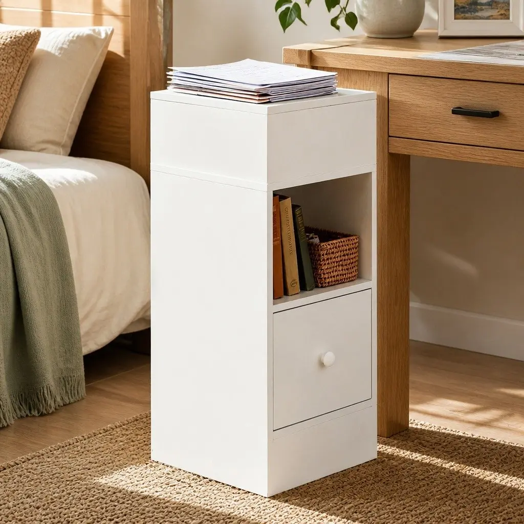 Slim Bedside Table Nightstand Storage Cabinet Two Shelves Drawer Bedroom