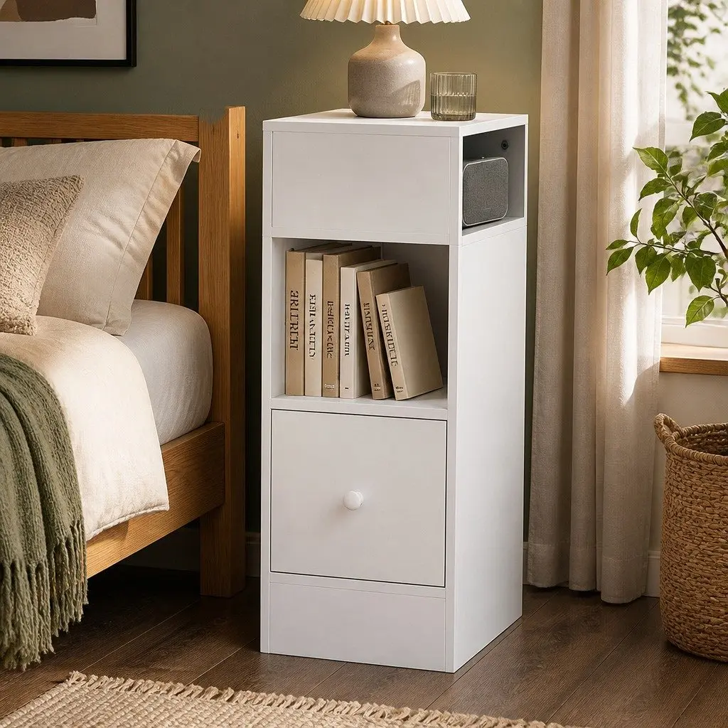 Slim Bedside Table Nightstand Storage Cabinet Two Shelves Drawer Bedroom