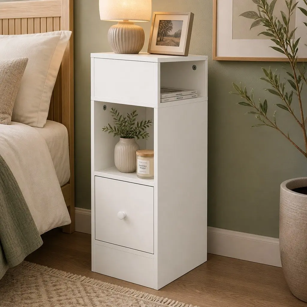 Slim Bedside Table Nightstand Storage Cabinet Two Shelves Drawer Bedroom