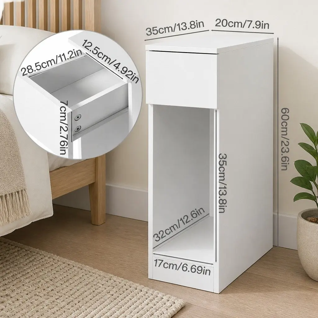 Slim Bedside Table Nightstand Bedroom Storage Cabinet with Drawer Open Shelf