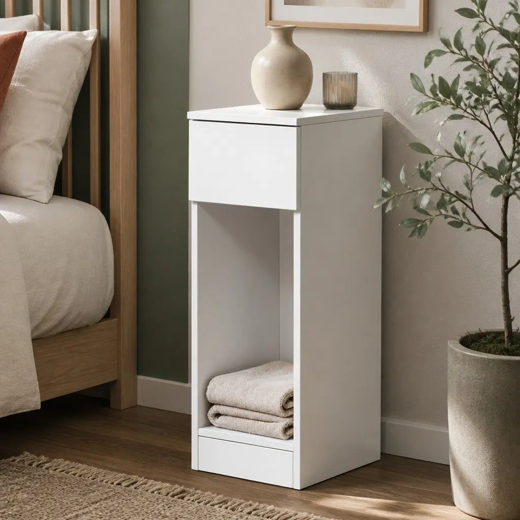 Slim Bedside Table Nightstand Bedroom Storage Cabinet with Drawer Open Shelf