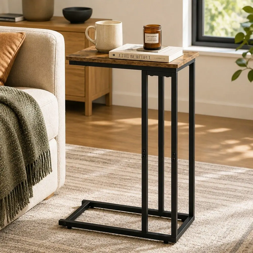 C Shaped Side Table Waterproof Couch Coffee Laptop End Table Metal Frame Compact