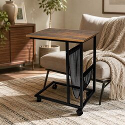 Side Table Mobile Coffee Table Industrial Style Mesh Storage Castor Wheels