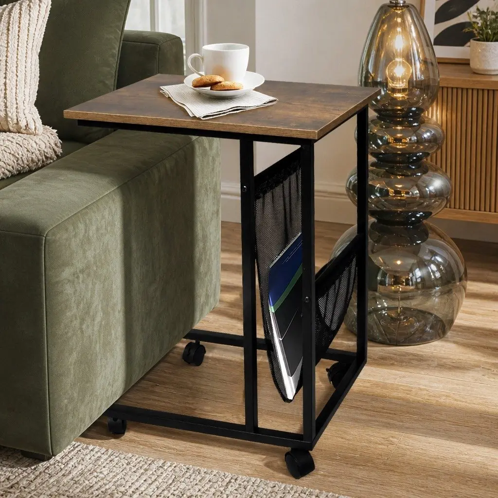 Side Table Mobile Coffee Table Industrial Style Mesh Storage Brown and Black