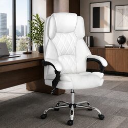 Executive Office Chair High-Back Recliner White Padded Armrests Adjustable