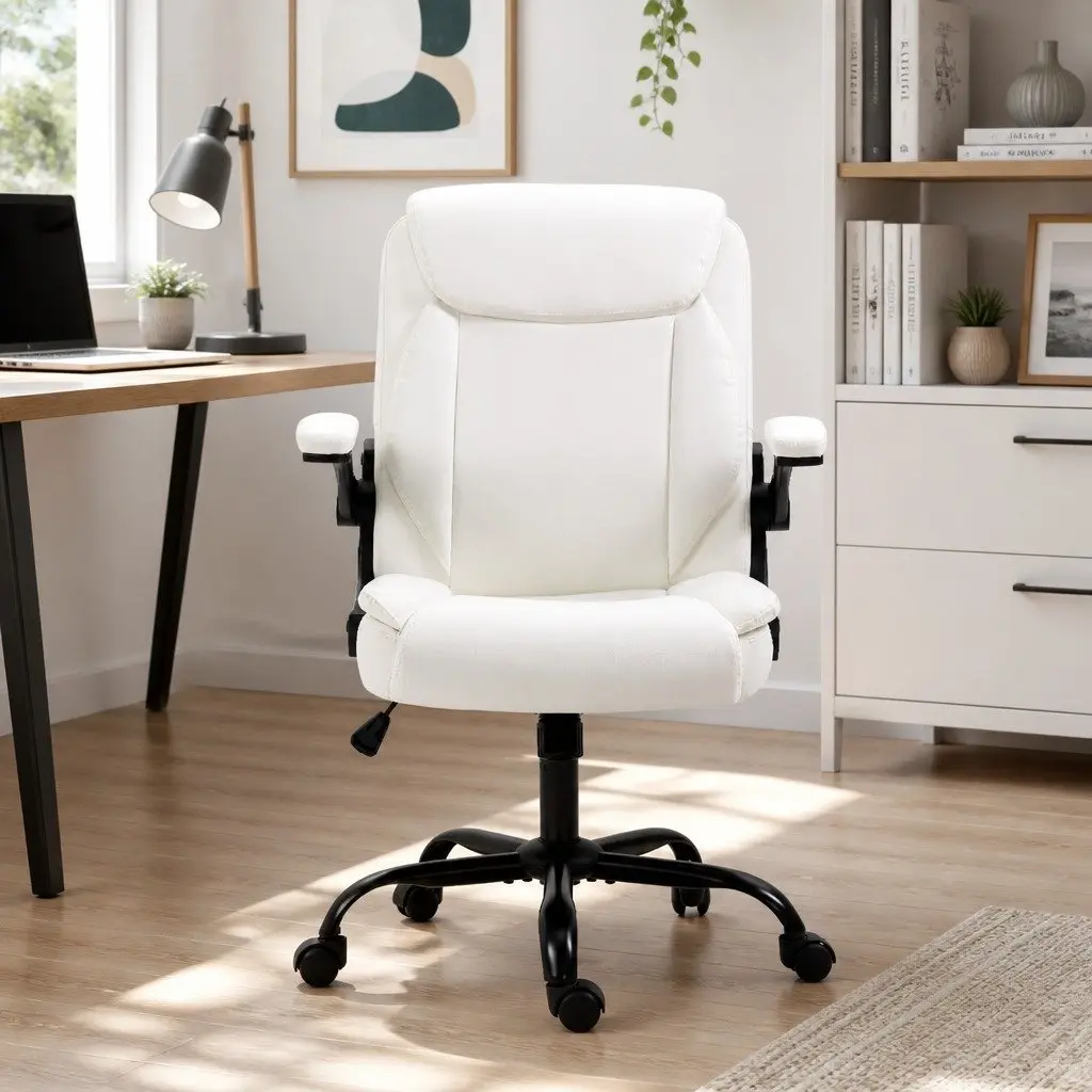 Executive Office Chair Mid Back White High Density Foam Swivel Desk Seat