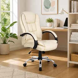 Executive Office Chair High Back Tilt Swivel Padded Headrest Armrests Beige