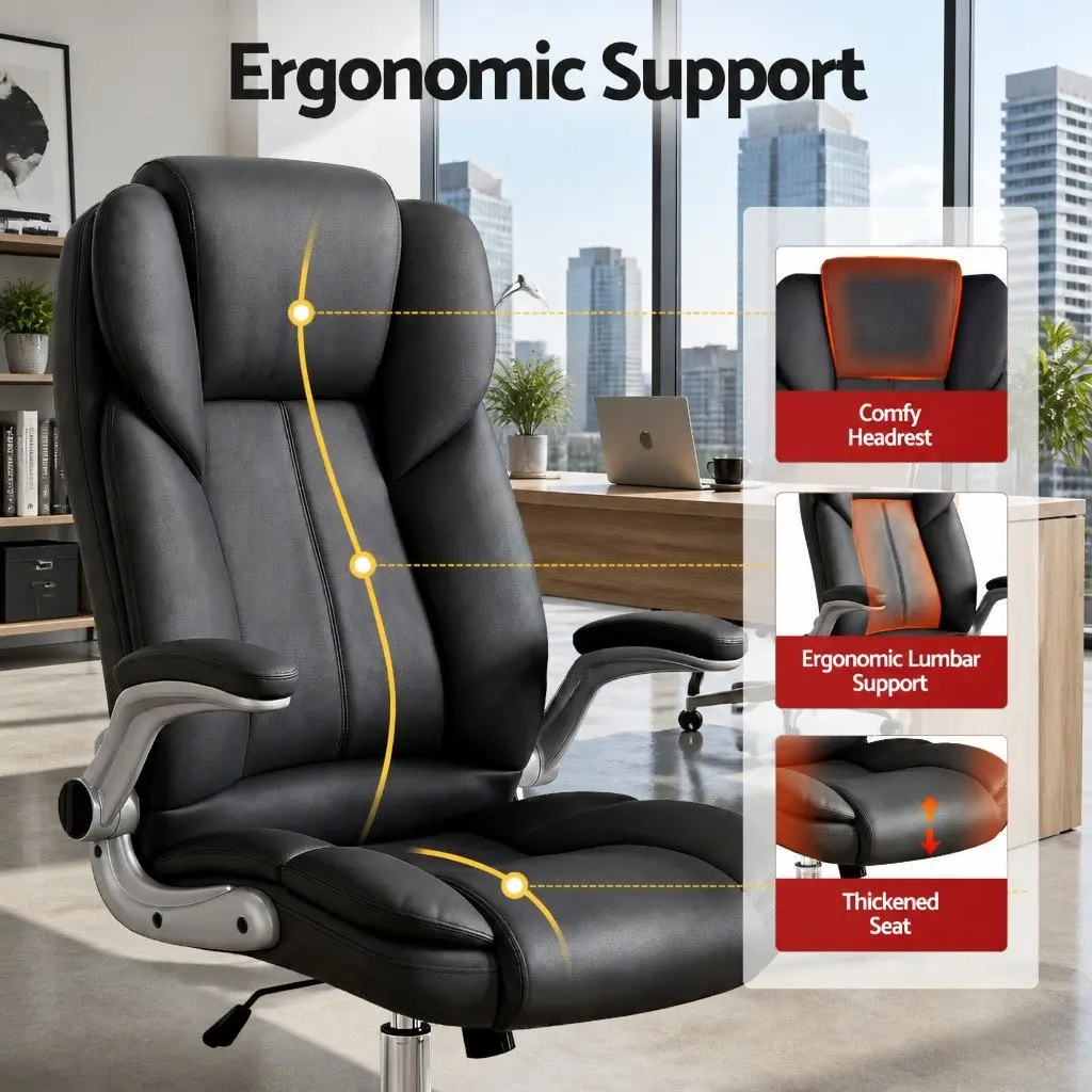 Office Chair Executive Leather High Back Tilt Swivel with Lumbar Support Black