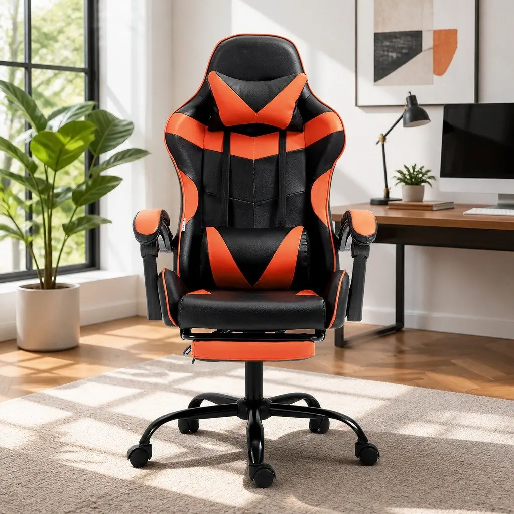 Office Chair Gaming High-Back Recliner with Footrest Adjustable Height Orange
