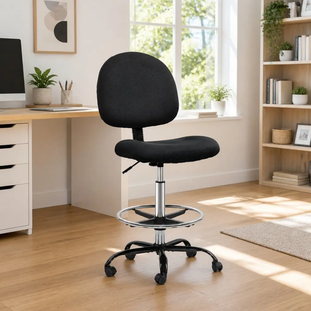 Office Drafting Stool Adjustable Height Black Fabric Chair with Footrest and Rotatable Base