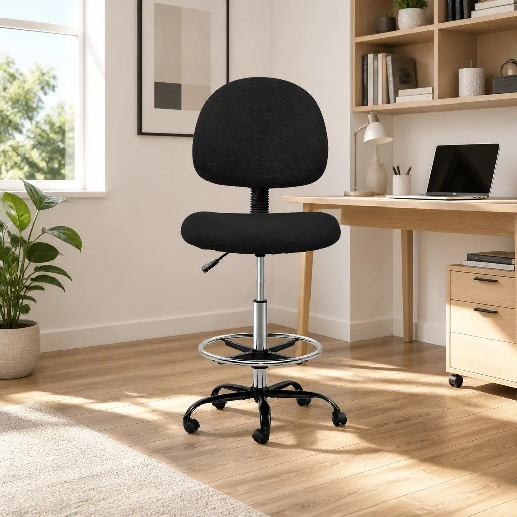 Office Drafting Stool Adjustable Height Black Fabric Chair with Footrest and Rotatable Base