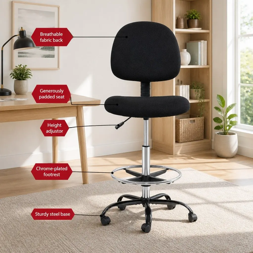 Office Drafting Stool Adjustable Height Black Fabric Chair with Footrest and Rotatable Base
