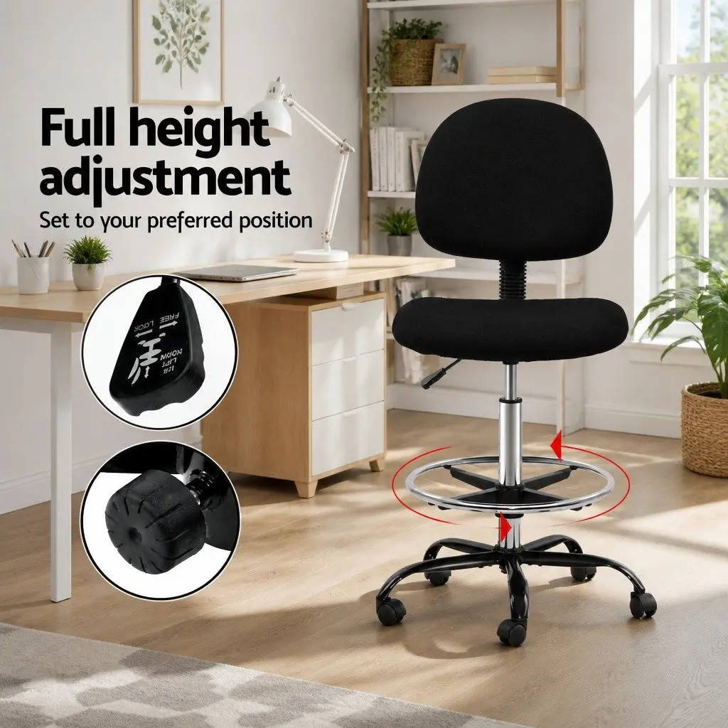 Office Drafting Stool Adjustable Height Black Fabric Chair with Footrest and Rotatable Base