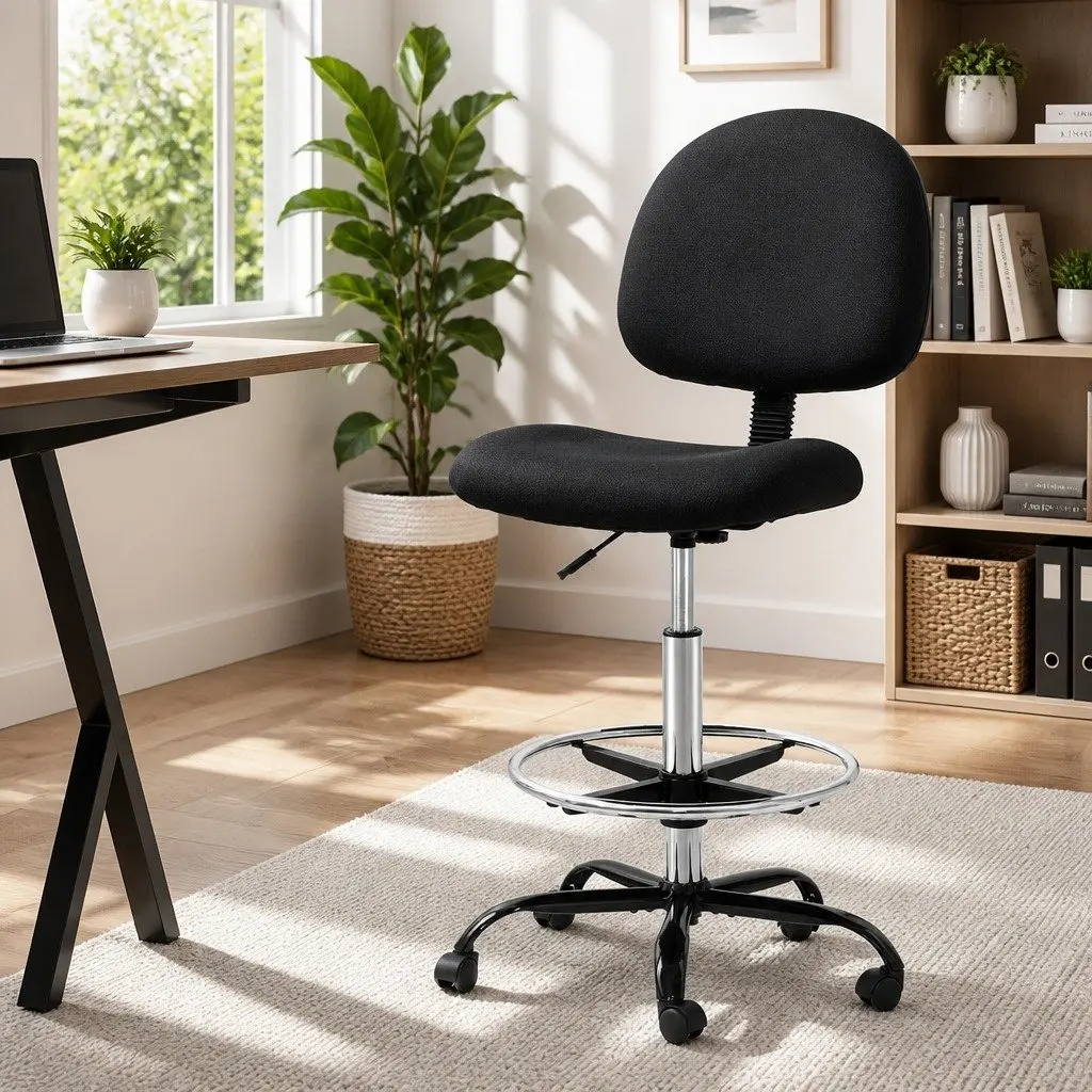 Office Drafting Stool Adjustable Height Black Fabric Chair with Footrest and Rotatable Base