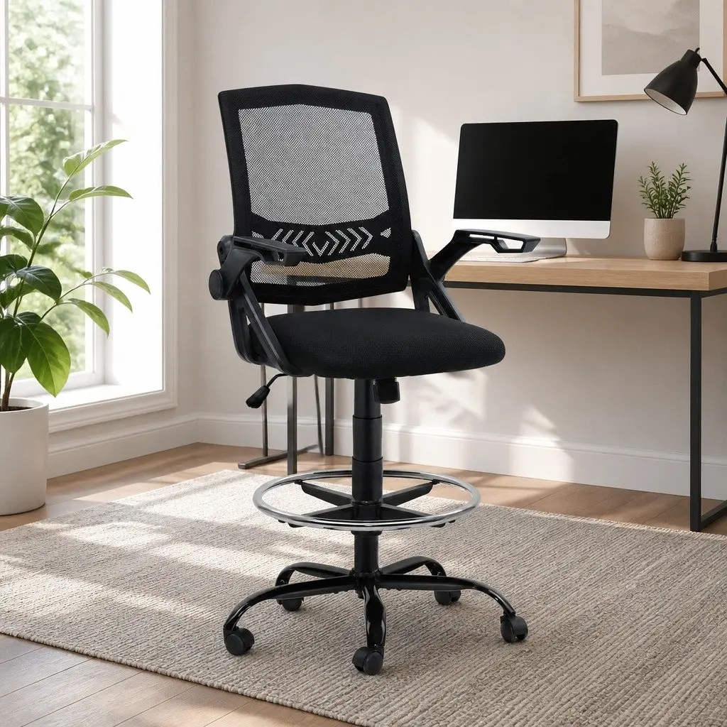 Drafting Stool Office Chair Adjustable Height Mesh Black with Armrest and Footrest