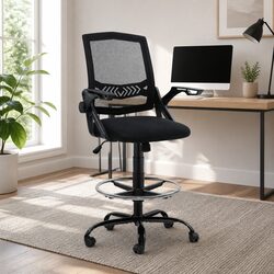 Drafting Stool Office Chair Mesh Black Adjustable Height Armrest Footrest