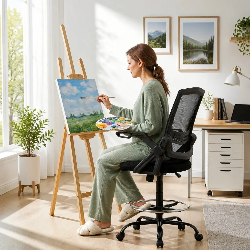 Drafting Stool Office Chair Adjustable Height Mesh Black with Armrest and Footrest