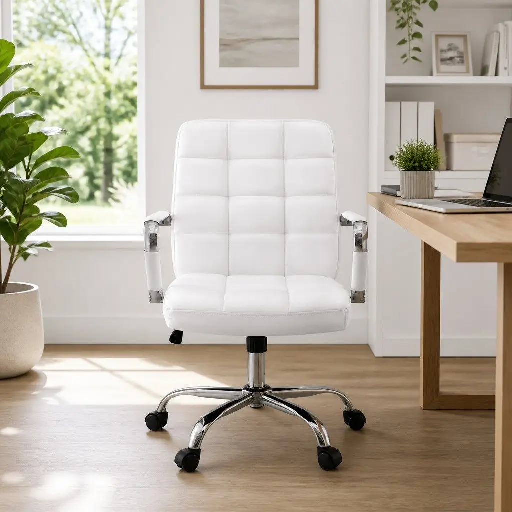 Office Chair Ergonomic Mid-Back White PU Leather with Padded Armrests and Chrome Base
