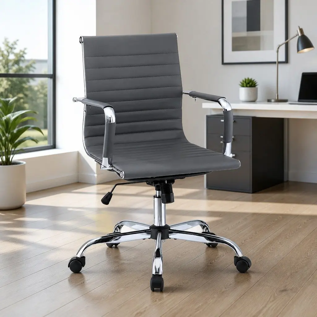 Office Chair Conference Mid Back Rotatable 360 Grey PU Leather Executive Desk