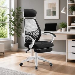 Office Chair Mesh Recliner Adjustable Headrest Padded Armrests Footrest Black