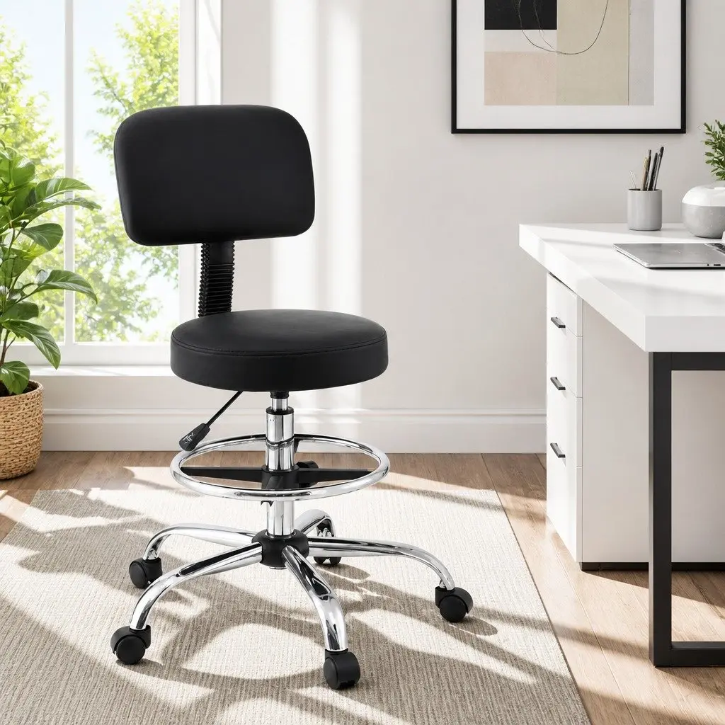 Office Drafting Chair Ergonomic PU Leather Swivel Height Adjustable Black
