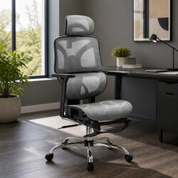 Ergonomic Office Chair Footrest Grey High Back Mesh Adjustable Headrest Swivel