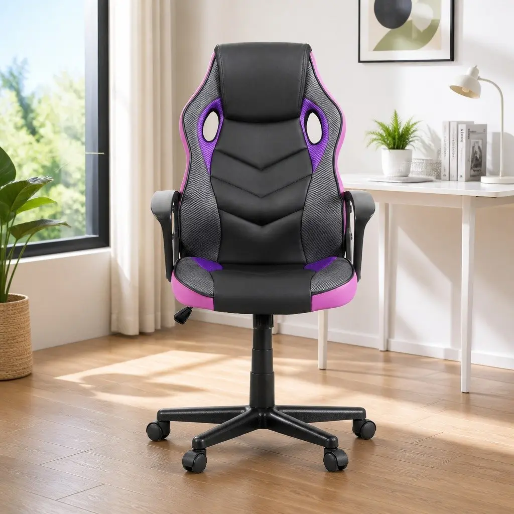Gaming Office Chair High-Back Adjustable Height Purple PU Leather and Mesh