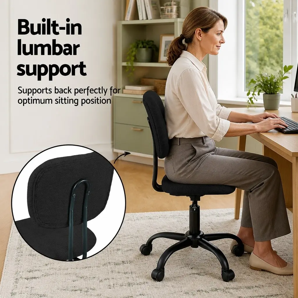 Armless Office Chair Ergonomic Height Adjustable Black Fabric 360° Swivel