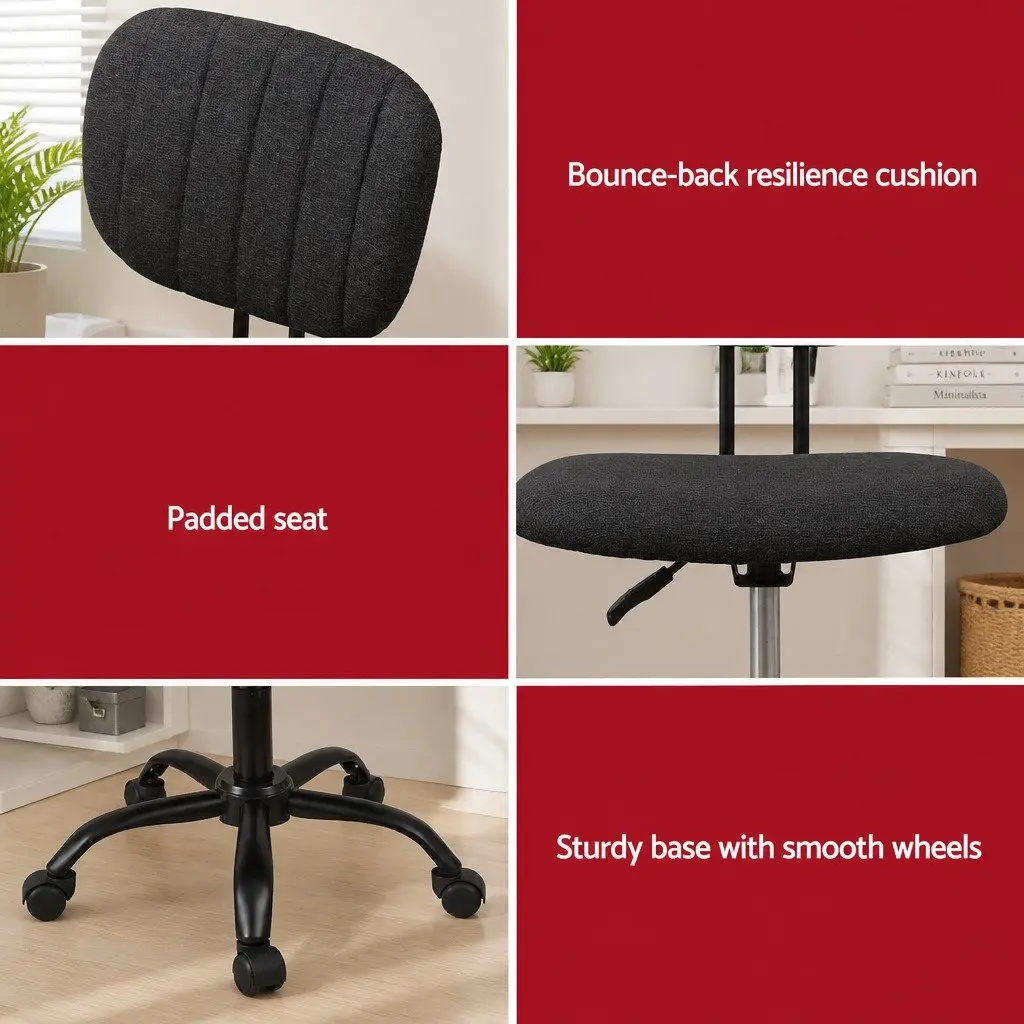 Armless Office Chair Ergonomic Height Adjustable Black Fabric 360° Swivel