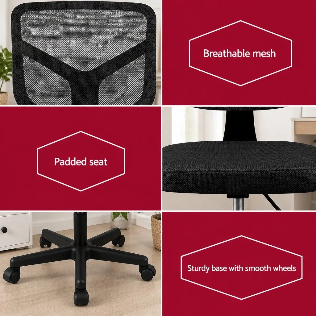 Armless Office Chair Ergonomic Mesh Back Height Adjustable 360° Swivel Black