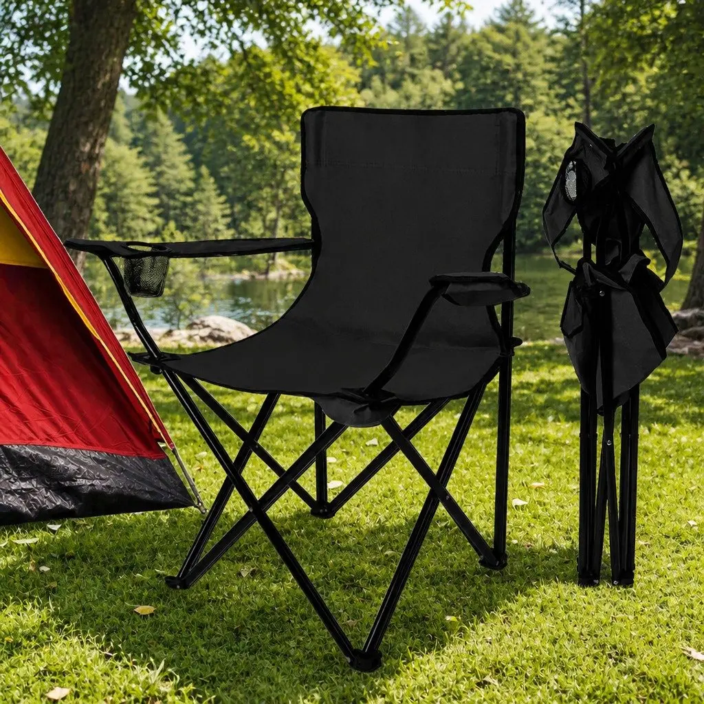 Folding Camping Chairs Portable Outdoor Armchair with Drink Holder Black Pack