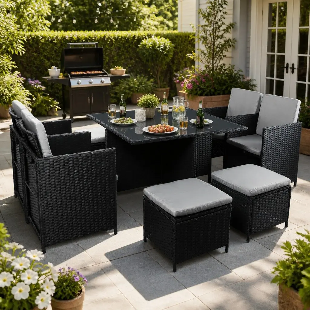9-Piece Outdoor Dining Furniture Set Wicker Table Chairs Ottoman Garden Patio