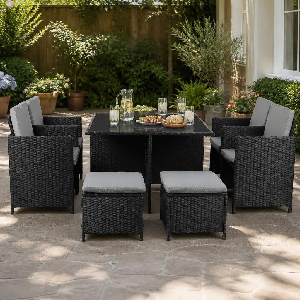 9-Piece Outdoor Dining Furniture Set Wicker Table Chairs Ottoman Garden Patio