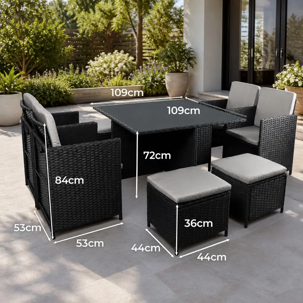 9-Piece Outdoor Dining Furniture Set Wicker Table Chairs Ottoman Garden Patio