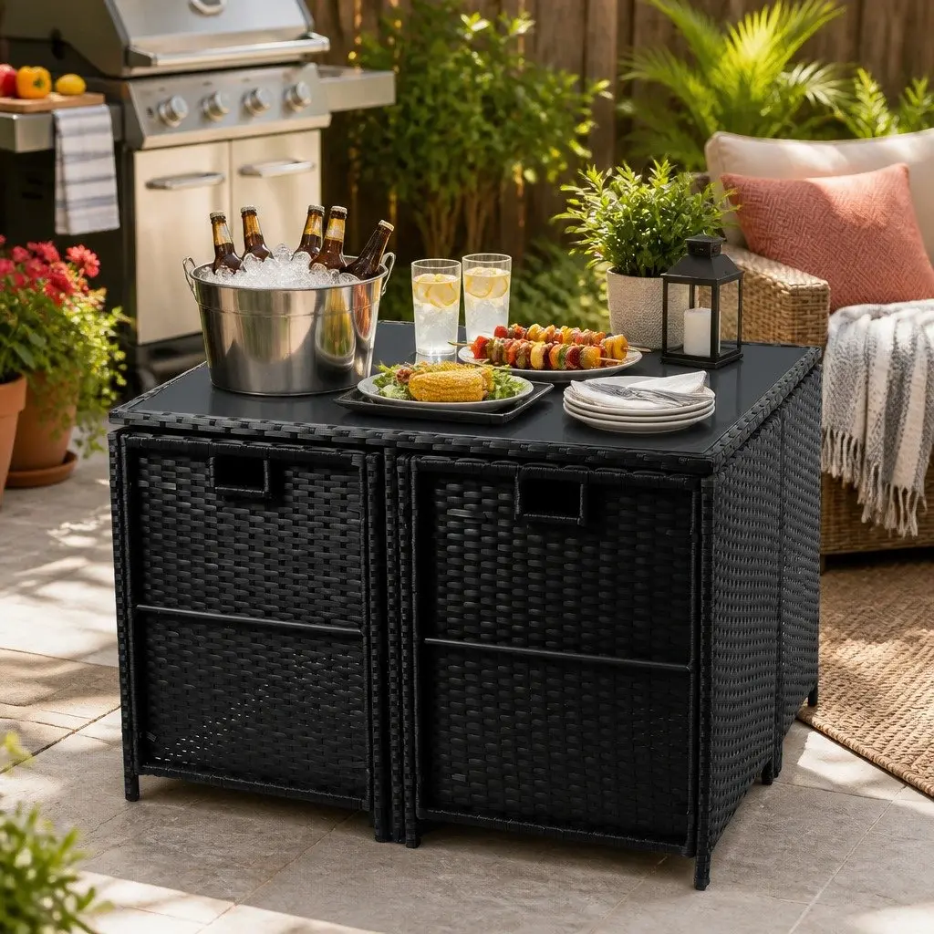 9-Piece Outdoor Dining Furniture Set Wicker Table Chairs Ottoman Garden Patio
