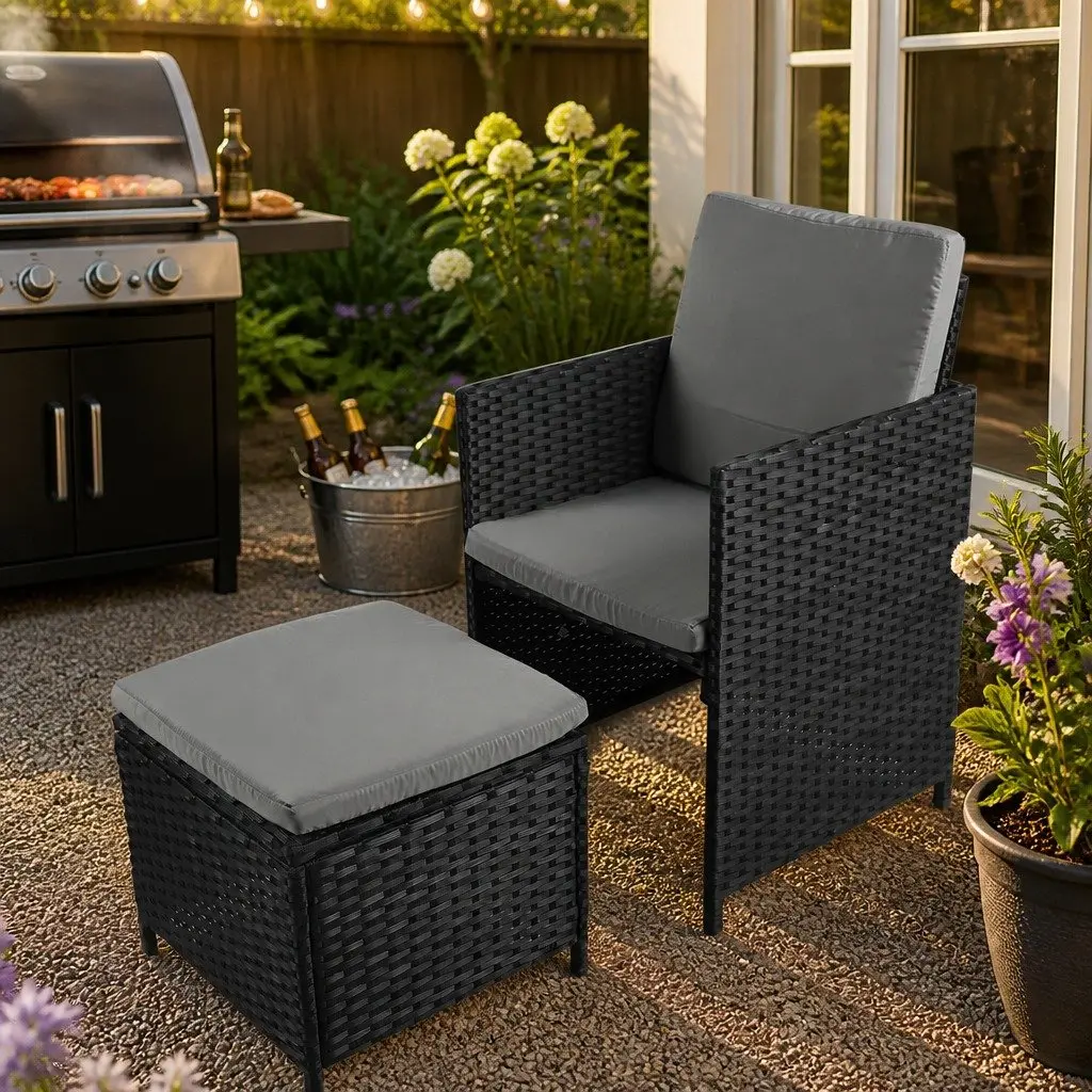 9-Piece Outdoor Dining Furniture Set Wicker Table Chairs Ottoman Garden Patio