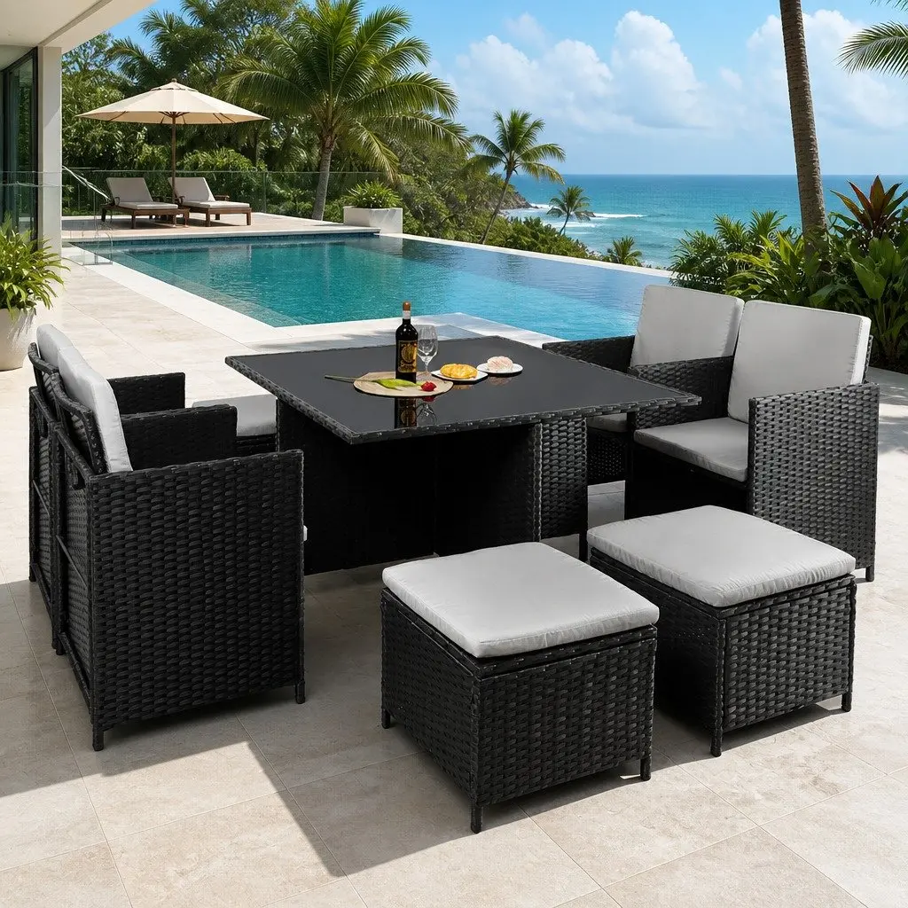 9-Piece Outdoor Dining Furniture Set Wicker Table Chairs Ottoman Garden Patio