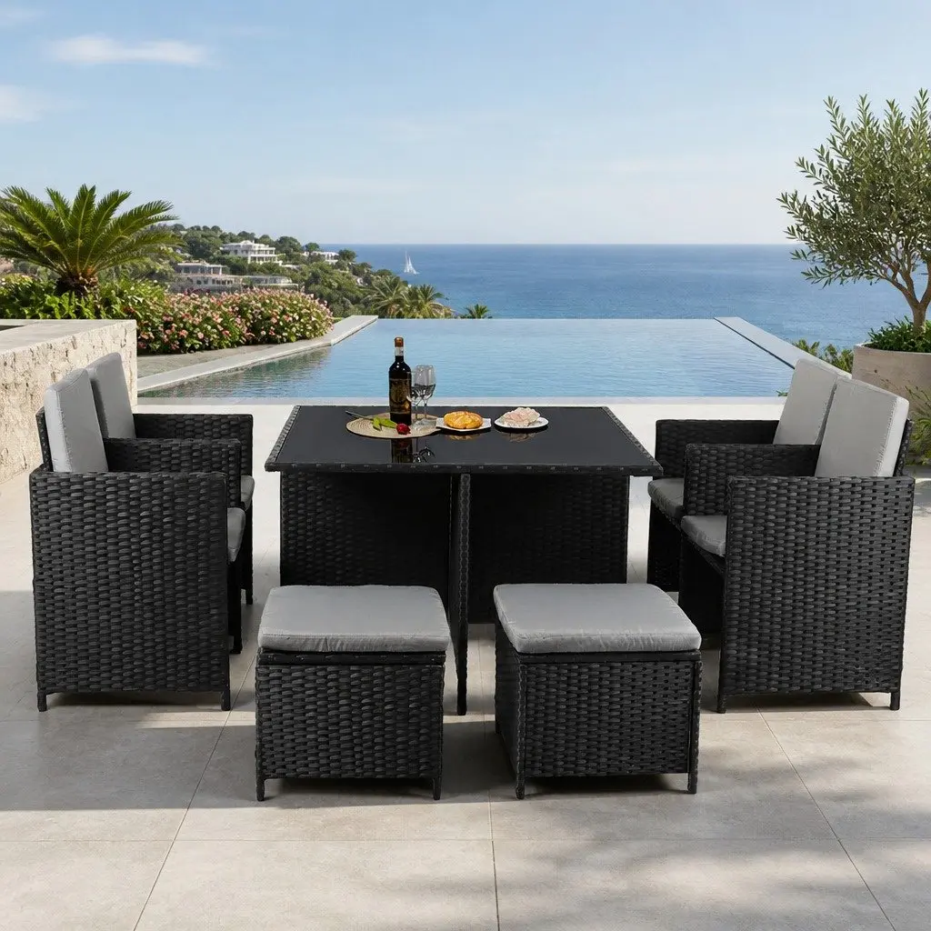 9-Piece Outdoor Dining Furniture Set Wicker Table Chairs Ottoman Garden Patio