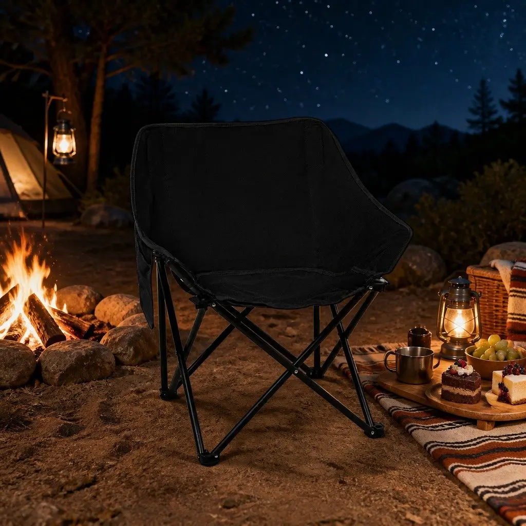 Folding Camping Moon Chair Lightweight Portable Black 600D Oxford Fabric Outdoor Relaxation