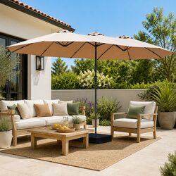 Double-Sided Patio Umbrella 4.5M Outdoor Shade with Stand Base Khaki Garden