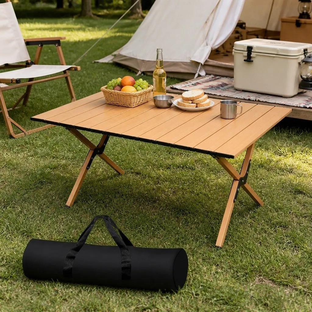 Folding Camping Table Portable Rollable Outdoor BBQ Prep Trestle with Carry Bag
