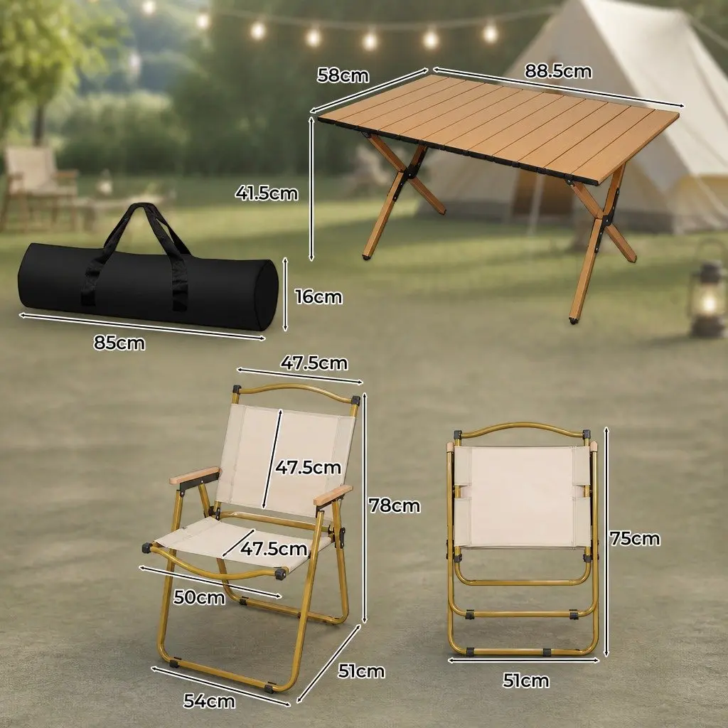 Folding Camping Table Chair Set Outdoor Picnic Portable Lightweight Beech