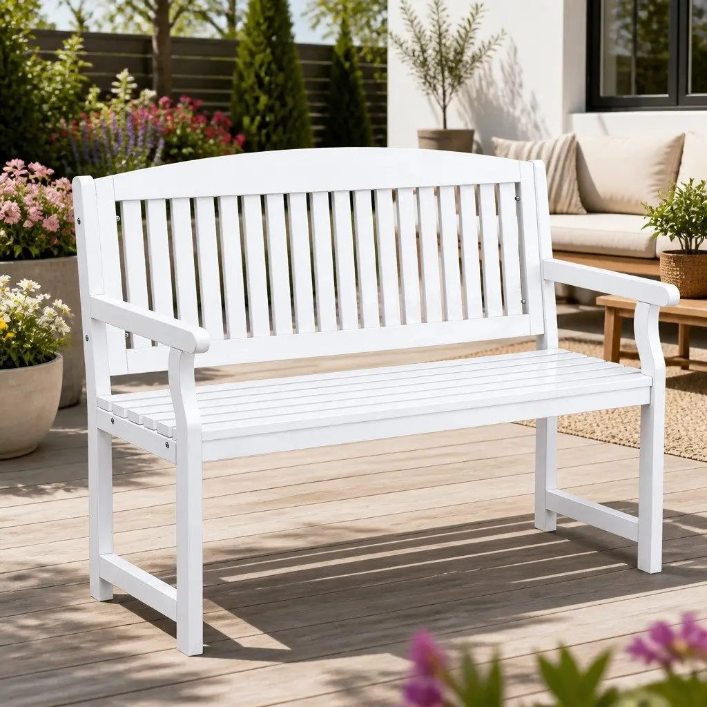 Wooden Garden Bench 2 Seater Solid Fir Wood White Outdoor Furniture