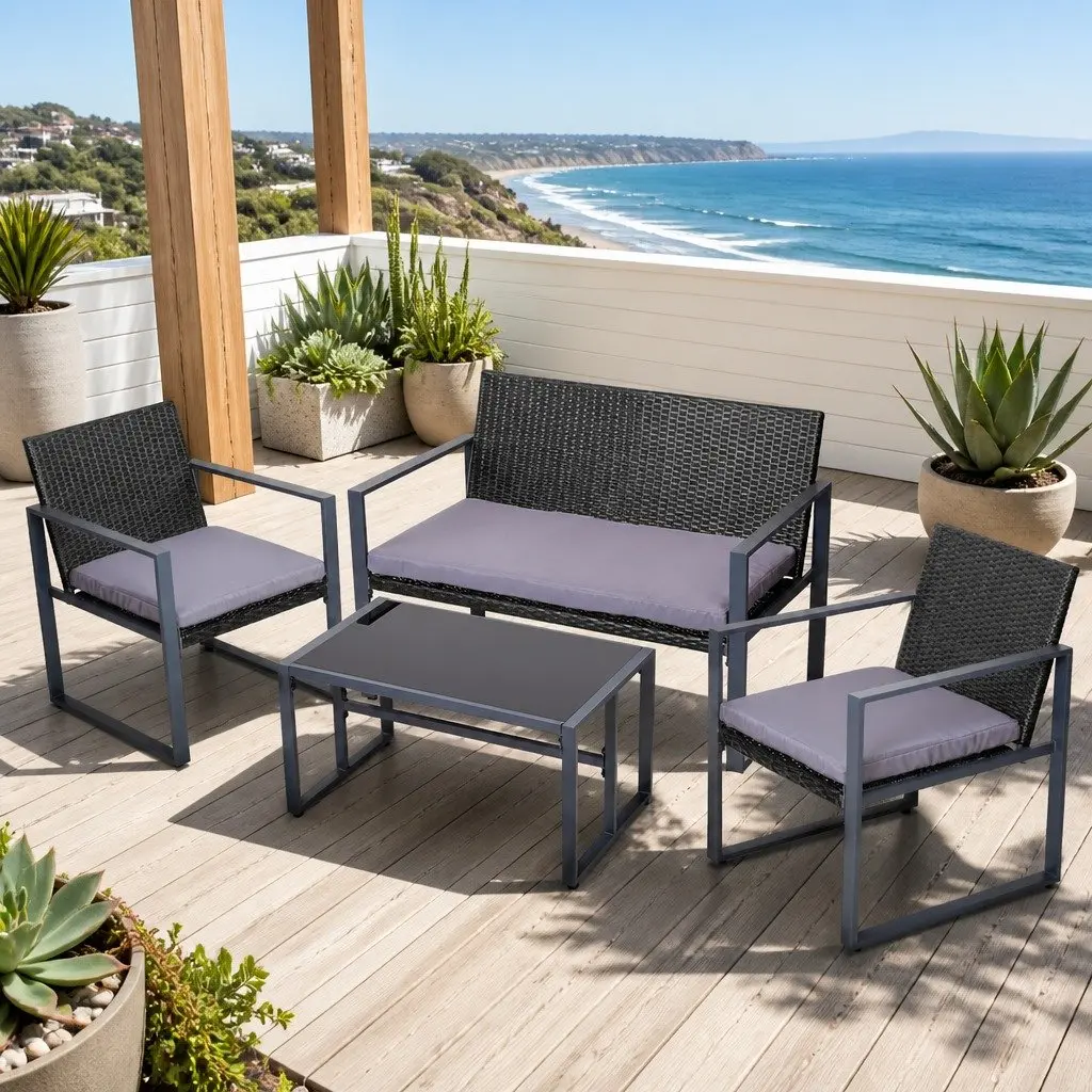 4 Piece Outdoor Sofa Set Rattan Chairs Glass Table Patio Furniture Black