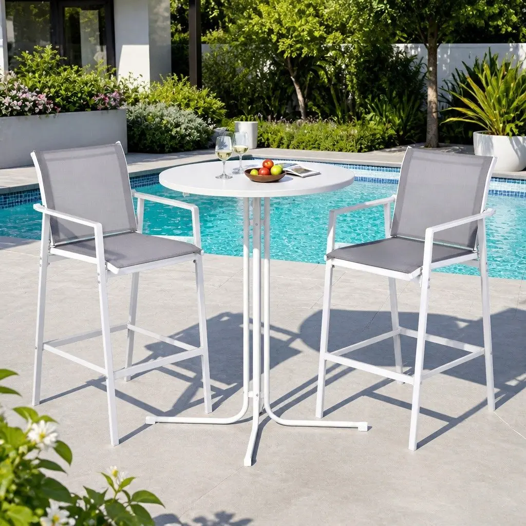 Outdoor Bar Stools Set 3PC Patio Dining Furniture Bistro Table Chairs White
