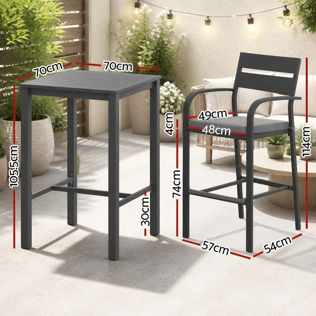 Outdoor Dining Set High Table with 2 Stools Aluminium Frame UV Resistant Grey Cushions