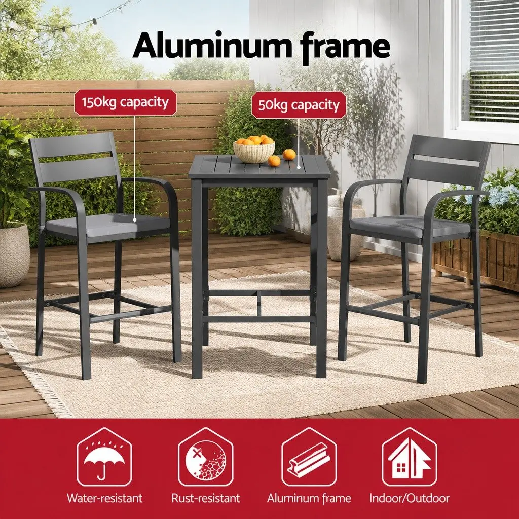 Outdoor Dining Set High Table with 2 Stools Aluminium Frame UV Resistant Grey Cushions